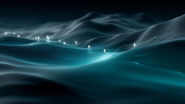 Futuristic travel technology with data streams, GPS icons, flight routes, pulsing nodes, and blue-teal palette