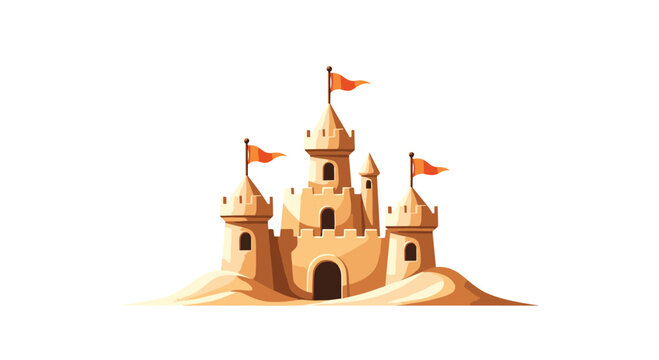 A detailed cartoon sandcastle with multiple towers turrets and orange flags sits on a sandy base isolated on a white background.