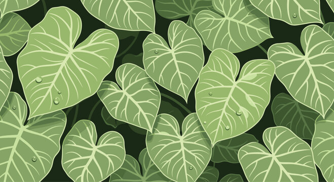 A lush seamless pattern of large green overlapping taro or alocasia leaves with delicate water droplets on a dark background.