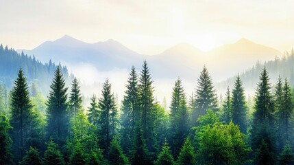 Obraz premium A serene landscape of a dense evergreen forest with mist rolling through the trees, leading to silhouetted mountains in the background under a soft sunrise glow