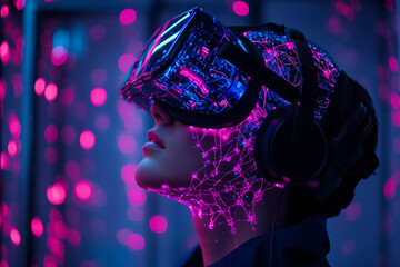 Futuristic vr user in silhouette, exploring immersive virtual environments, generative AI