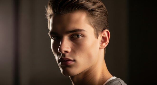 Portrait of a Young Male Model with luminous skin and intense gaze - Powered by Adobe
