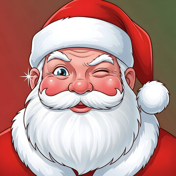 Cheerful cartoon portrait of a winking Santa Claus with a happy smile. Festive holiday character illustration for the Christmas season