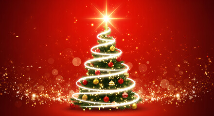 Glowing Christmas Tree with Spiral Lights on Red Background