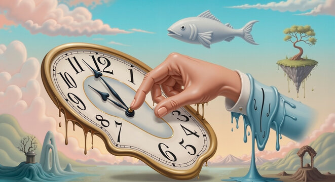 Surreal clock melting with hand adjusting time in dreamlike landscape  