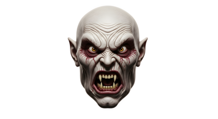 Fearsome vampire head with sharp fangs and menacing expression staring directly.