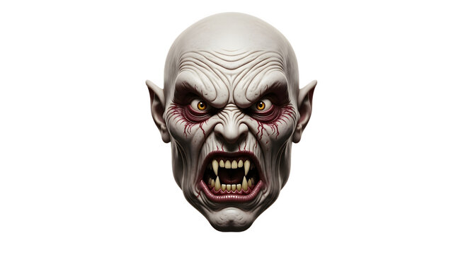 Fearsome vampire head with sharp fangs and menacing expression staring directly. - Powered by Adobe