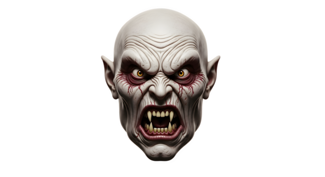 Fearsome vampire head with sharp fangs and menacing expression staring directly.