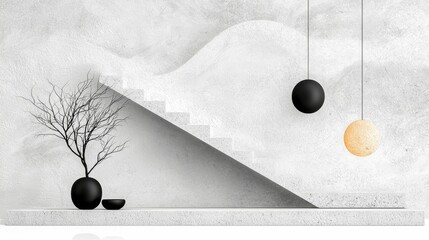A minimalist interior scene featuring a modern staircase, two spherical pendant lights, and a bare tree in a black vase on a shelf, with soft, diffused lighting
