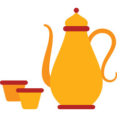 Yellow Teapot With Two Small Cups In Orange And Red Accents On A White Background