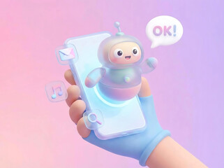 Adorable robot assistant on modern phone offering assistance with email, music, and search in pastel colors for a vibrant, fun vibe