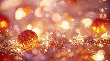 Happy New Year 2026. Beautiful Christmas background, banner of glass stars and Christmas balls.