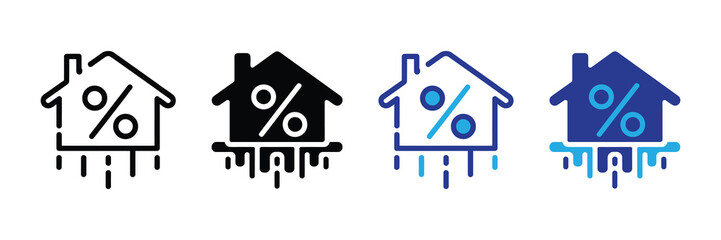 Four house icons with percentage symbols inside, representing concepts like mortgage rates, real estate investment, and property value fluctuations