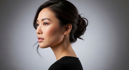 Elegant Asian Woman with Classic Updo Hairstyle and Natural Makeup in a Minimalist Studio Setting