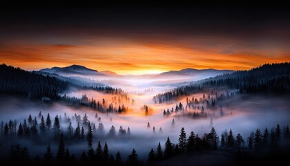 Fototapeta premium A breathtaking panoramic view of a dense forest valley shrouded in thick fog, illuminated by the warm glow of a vibrant sunrise painting the sky in hues of oran