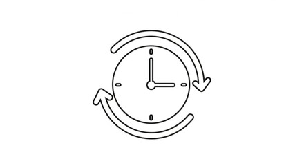 Line art icon of a clock with revolving arrows symbolizing time management, refresh, continuous cycle, workflow, and efficiency