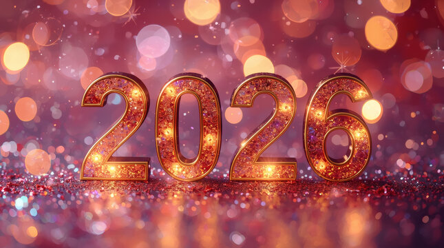 Banner. Shiny gold numbers 2026 and a beautiful bokeh on a dark background. The fiery horse is the symbol of the year. Happy New Year and Merry Christmas.