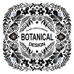 Elegant black and white botanical vector frame with intricate floral motifs, symmetrical leaves, and folk-inspired decorative elements arranged around a bold Botanical Design centerpiece