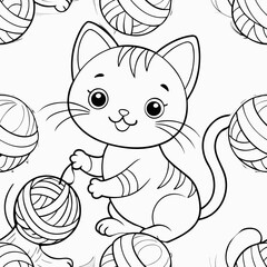 Cute Kitten Playing with Yarn Ball Coloring Page.