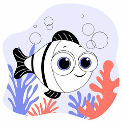 Cartoon Fish with Big Eyes Swimming in the Ocean.