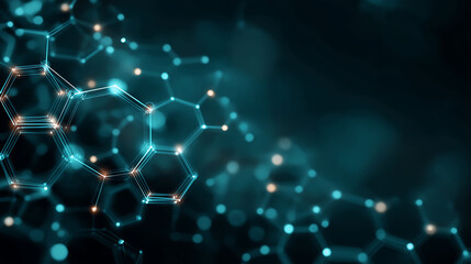 Abstract medical technology interface with geometric patterns in teal and navy gradient, circuit-like lines, digital mesh overlay, military-grade aesthetic