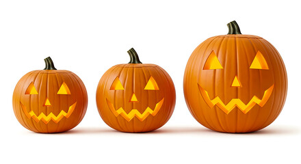 Fototapeta premium Glowing Carved Pumpkins Isolated on White Background