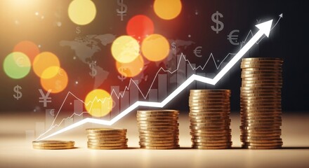Financial Growth Concept with Increasing Coin Stacks, Upward Graph, and Global Currency Symbols
