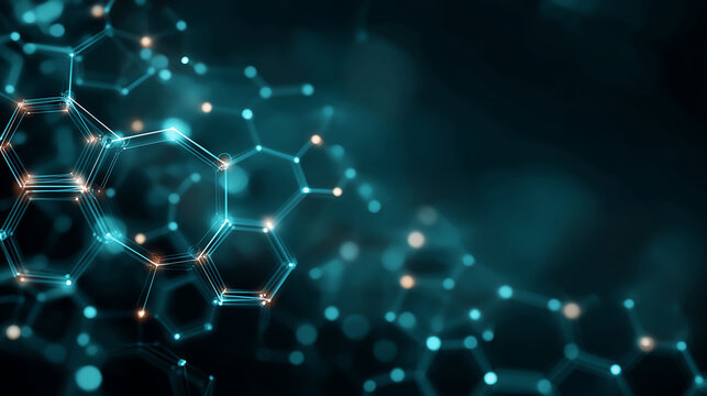 Abstract medical technology interface with geometric patterns in teal and navy gradient, circuit-like lines, digital mesh overlay, military-grade aesthetic - Powered by Adobe