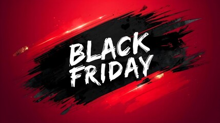 Stylized Modern Black Friday Painting with Bold Ink Strokes and Vibrant Red Promotional Background