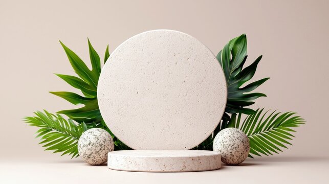 A minimalist display featuring a round stone pedestal in front of a large circular stone slab, flanked by two speckled stone spheres and lush green tropical lea