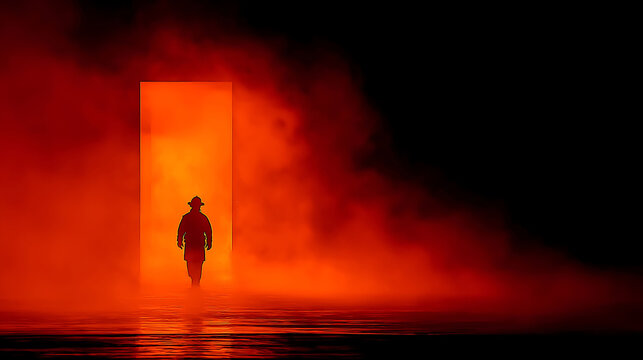 Silhouette of male firefighter in smoking doorway, traditional helmet, heroic stance, arms relaxed, no facial detail