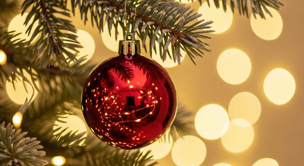 Christmas adornment with red bauble hanging on green fir tree branch. Christmas decoration glistens with bokeh lights in background, creating warm festive mood.