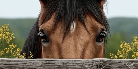 Majestic Morgan horse curiously peering over a rustic wooden fence in a serene meadow landscape.