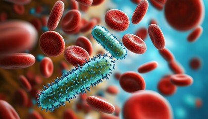 Bacteria interacting with red blood cells under a microscope, showcasing intricate details.