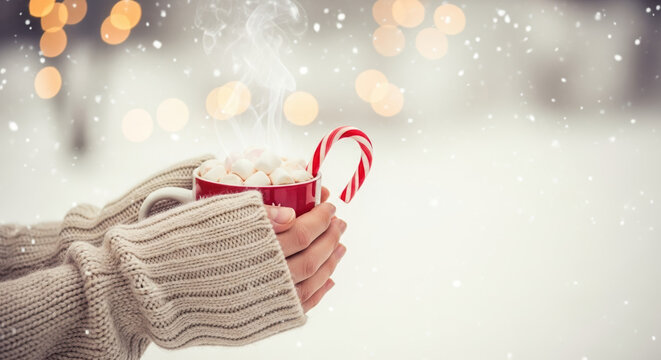 Christmas drink is steaming hot cocoa with marshmallows held by hands in knitted mittens, warming hearts during winter. Enjoy Christmas season with festive cocoa and candy cane,