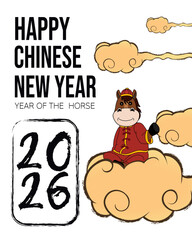 Chinese New Year 2026, Year of the Horse: Minimalist vertical design of a horse mascot sitting on hand-drawn clouds, featuring bold typography and a brush-stroke date element. Great for social media.