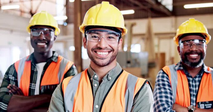 Man, face and carpenter team at workshop, smile or arms crossed with pride for furniture production. Person, group and portrait with goggles, happy and helmet with woodwork manufacturing at factory