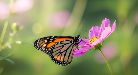 Fototapeta premium Vibrant Monarch Butterfly Nectaring on a Pink Cosmos Flower in Lush Summer Garden