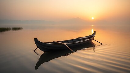 outriggers. Traditional wooden canoe with bamboo outriggers floating on calm lake at sunrise, soft morning light. tourism brochures, itinerary planners, designed for travel destination branding.