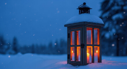 Christmas lantern glows in snowy landscape at twilight. Christmas atmosphere is visible with candle inside of lamp, and snow falling from sky.