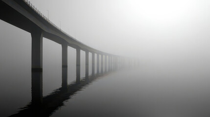 Long bridge disappearing into thick fog reflecting in water