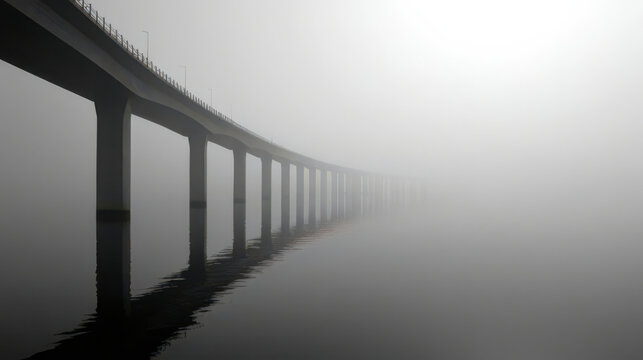 Long bridge disappearing into thick fog reflecting in water