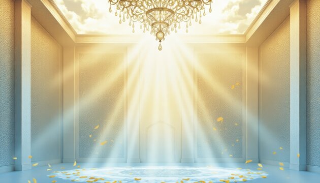 Luxury Hallway Interior with Golden Light and Elegant Chandelier