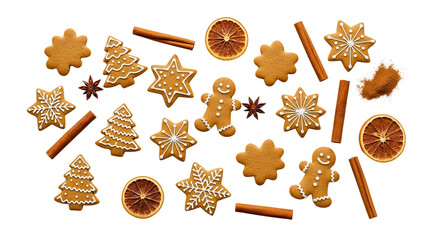 Festive assortment of gingerbread cookies with orange slices and cinnamon sticks isolated PNG with Transparent Background