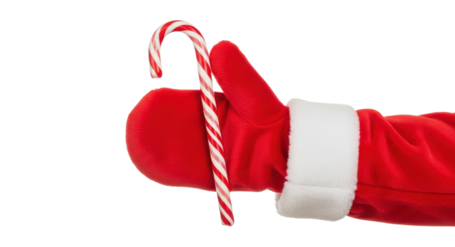 Santa Claus holds a candy cane in his hand isolated PNG with Transparent Background - Powered by Adobe