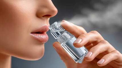 asthma patient using inhaler during coughing attack, close-up view, respiratory disease treatment, healthcare and medicine concept