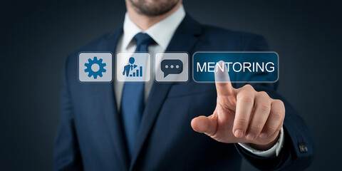 Businessman Touching Mentoring Button on Digital Screen