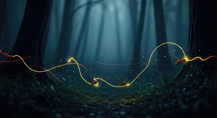 Enchanting Fireflies Illuminating a Mystical Dark Forest with Glowing Light Trails