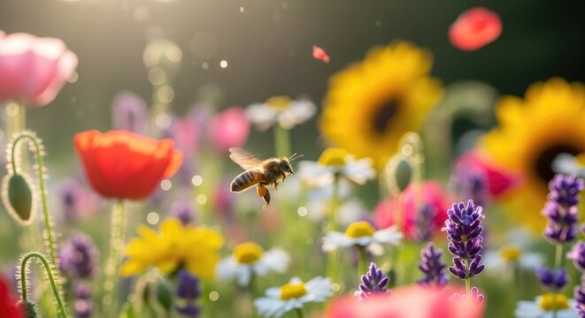 Honeybee Flying Through Vibrant Wildflower Meadow in Golden Sunlight - Powered by Adobe