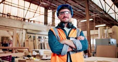 Man, face and carpenter with arms crossed at factory, smile or safety goggles for furniture production. Person, happy and portrait with ppe glasses, excited or confident for manufacturing in workshop
